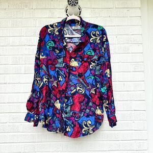 Vintage 90s Tony France Abstract Poker Printed Button Up Blouse